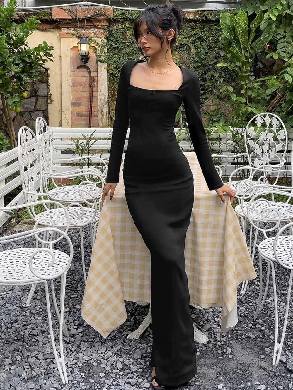 ZARA New Summer Chic Solid Slim Fit Long Dress with Contrast Collar